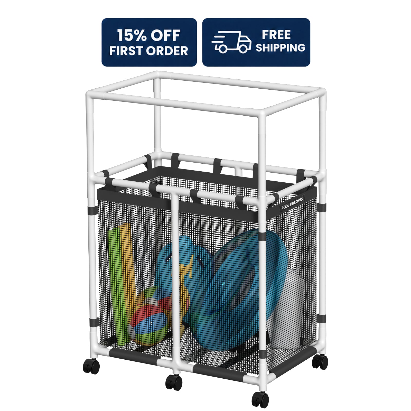 Pool Fellows R2501 mesh pool storage bin with lockable wheels for stable parking.