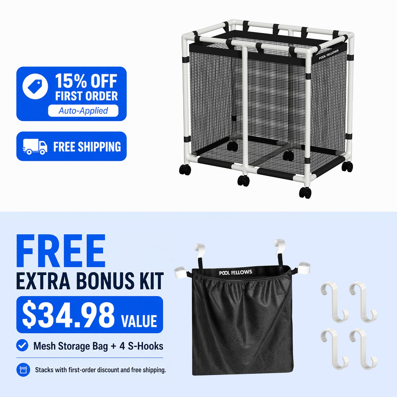Pool Fellows R2501 mesh pool storage bin with mesh drainage for quick dry airflow.