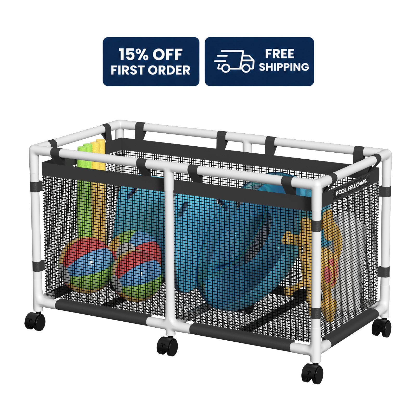 Pool Fellows R2501 mesh pool storage bin with large capacity for pool float storage.