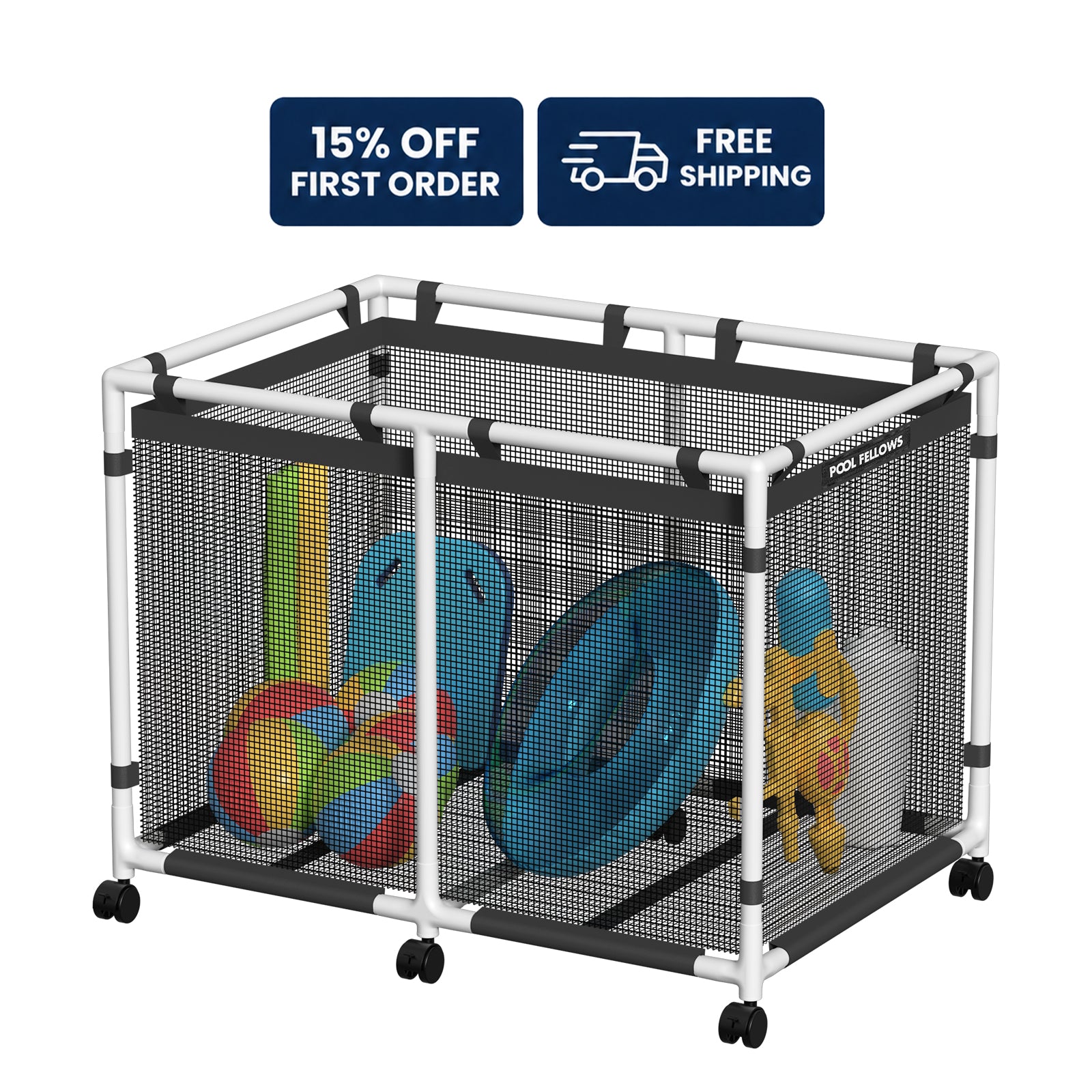 Pool Fellows R2501 mesh pool storage bin with lockable wheels for stable parking.
