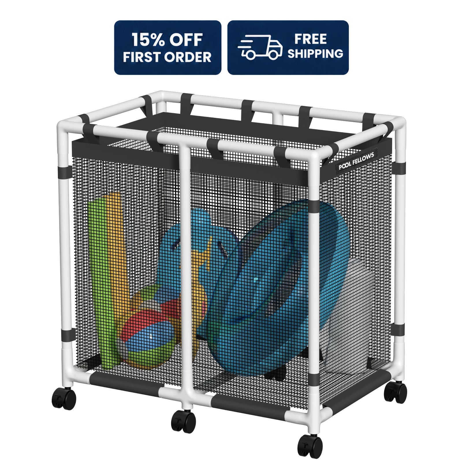 Pool Fellows R2501 mesh pool storage bin with large capacity for pool float storage.