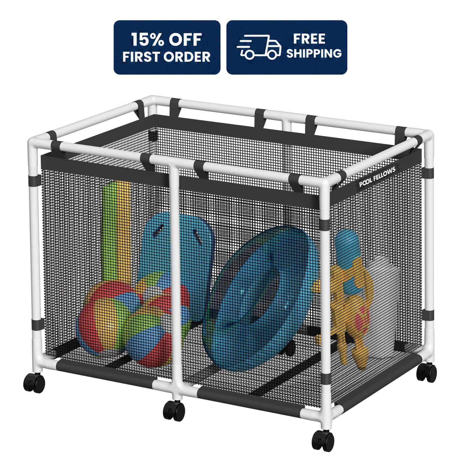 Pool Fellows R2501 mesh pool storage bin with lockable wheels for stable parking.