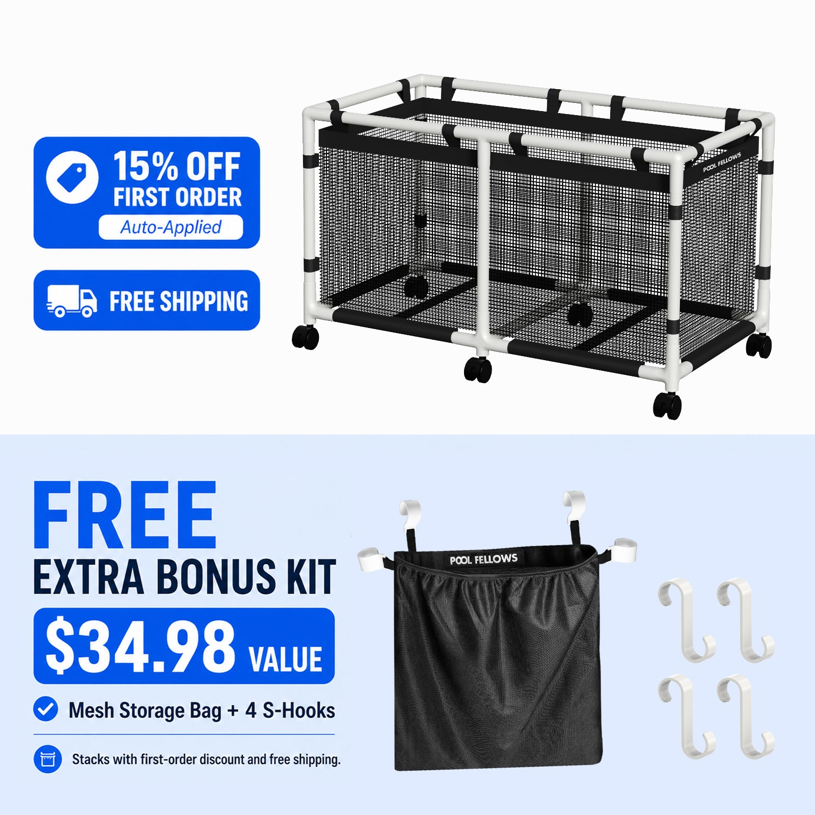 Pool Fellows R2501 mesh pool storage bin with uv resistant material for outdoor poolside use.
