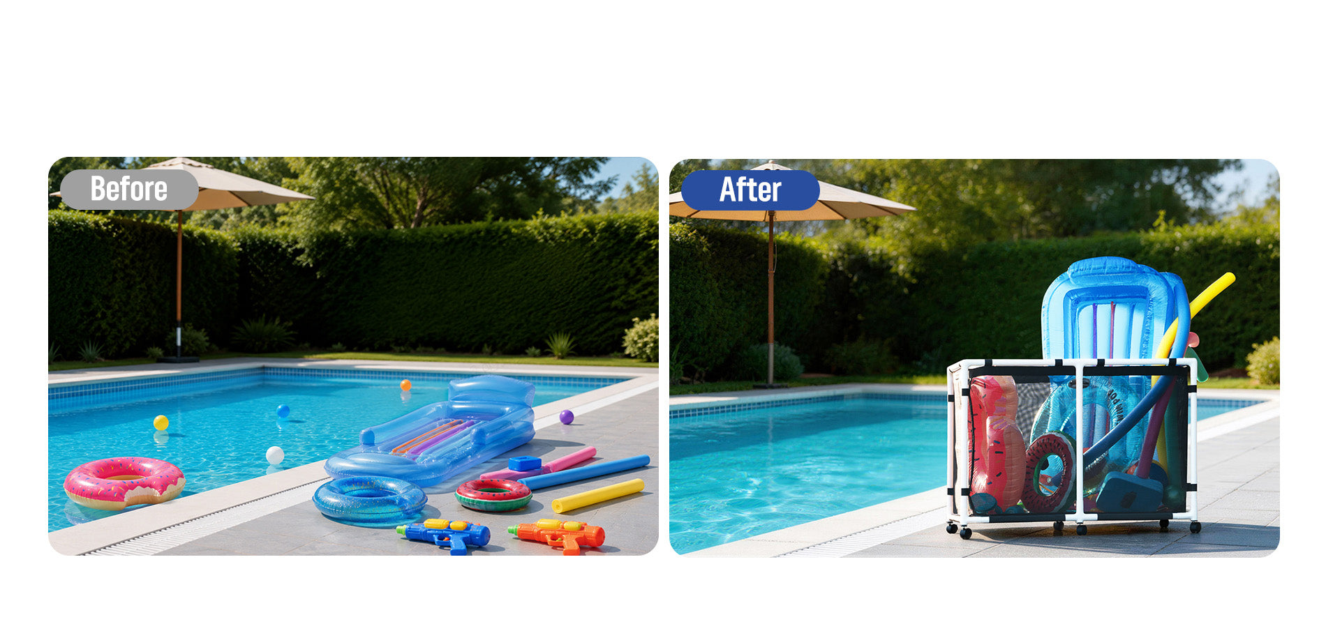 Pool Fellows R2501 mesh pool storage bin with lockable wheels for stable parking.