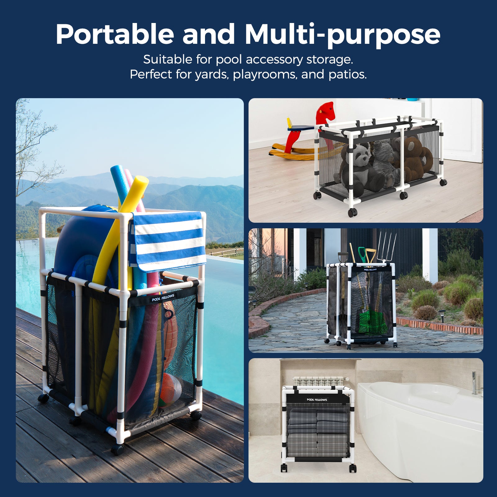 Pool Fellows basic-plus pool storage bin with lockable wheels for stable parking