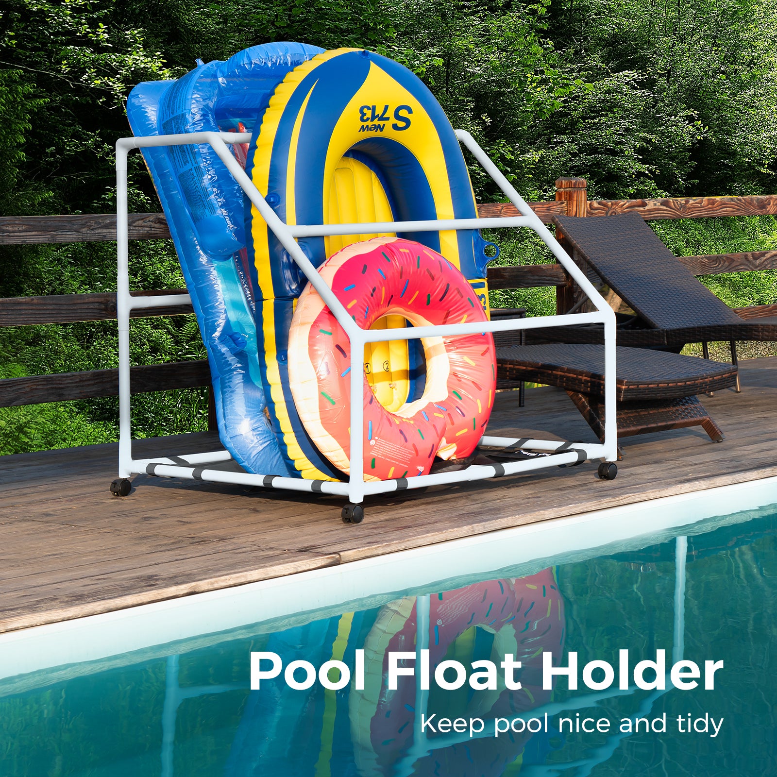 Pool Fellows small-white pool float holder with large capacity for float and toy organization