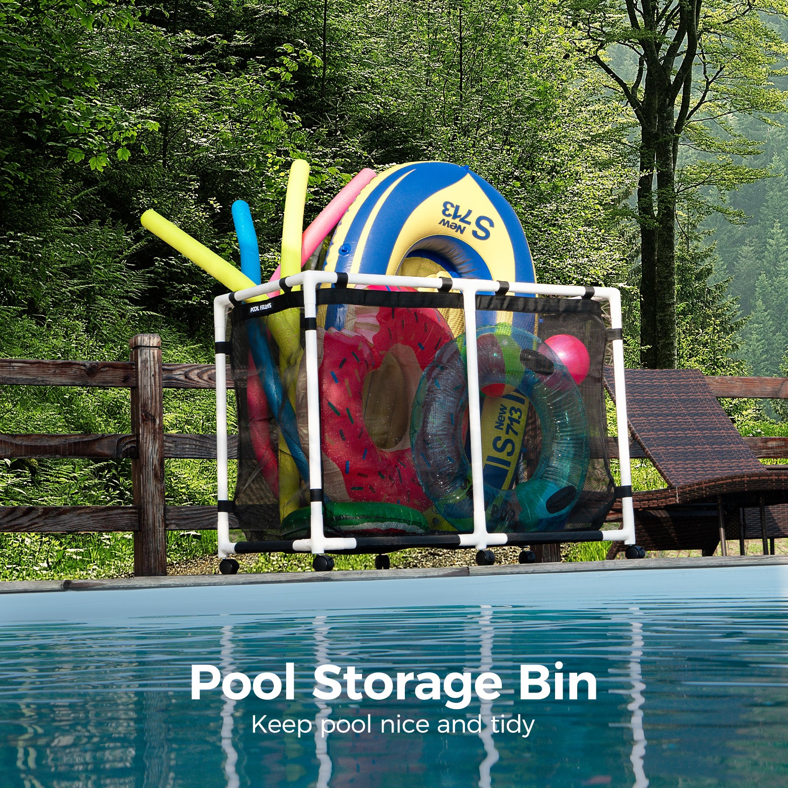 Pool Fellows basic pool storage bin with reinforced frame for heavy load support